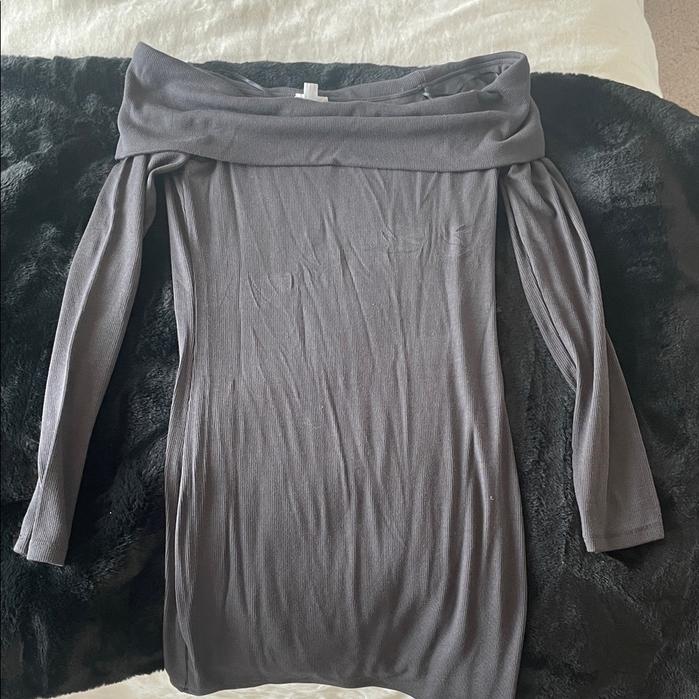 Garage Off-Shoulder Long Sleeve Mini Dress in Charcoal Gray